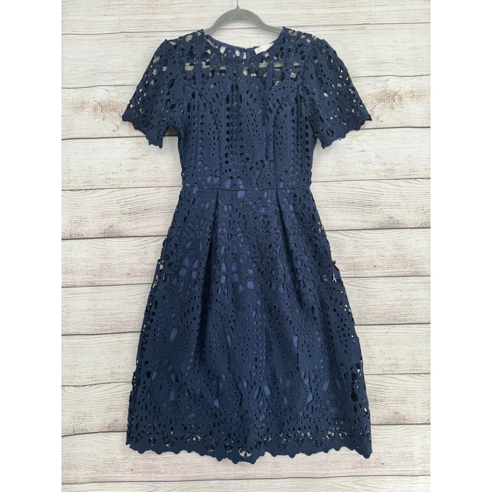 eri + ali Lace Dress Womens XS Navy Blue Short Sleeve Guipure Midi D52952